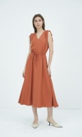 G-Ochre V-Neck Woven Flared Dress